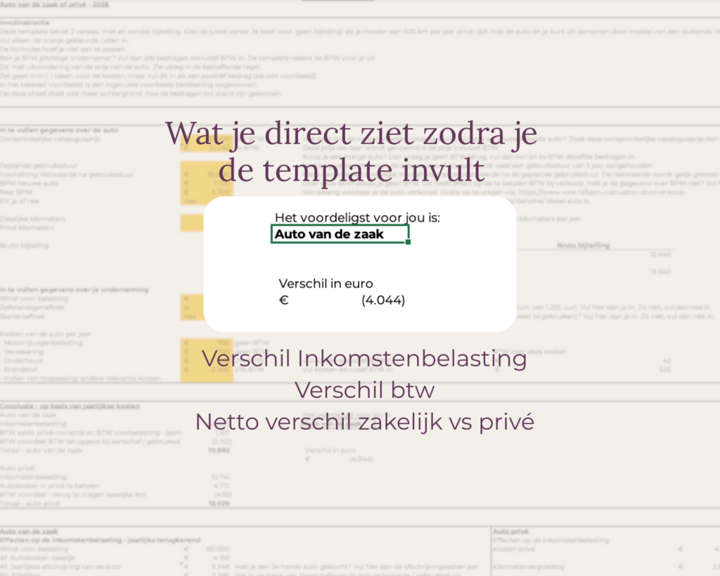 auto van de zaak of prive wat je direct ziet als je de template invult